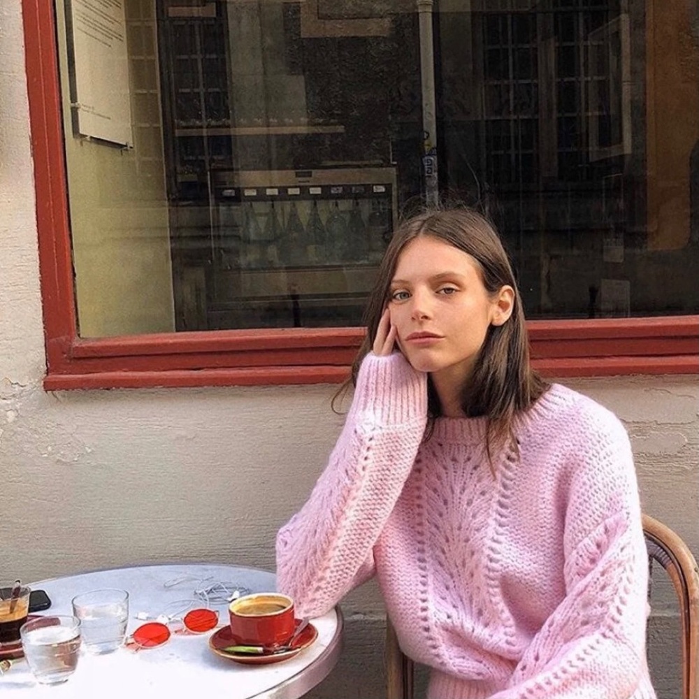 & Other Stories Pink Chunky Cable Knit Crewneck Sweater